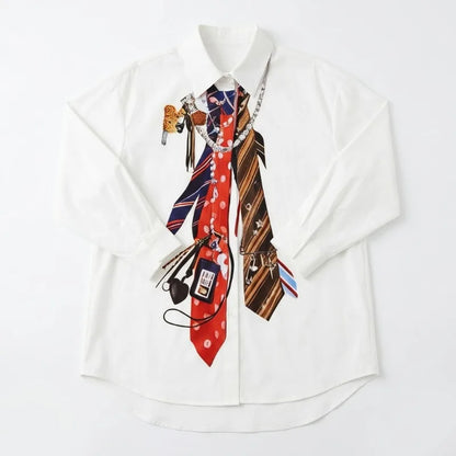 Yeezzi 2026 New Trendy Tie Printed White Shirts For Women Puff Sleeves Loose Buttoned Asymmetric Hem Streetwear Blouses...