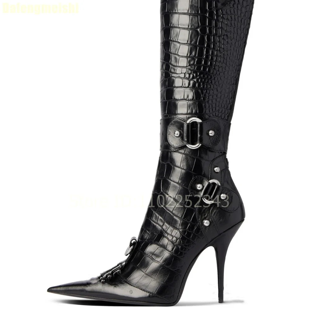 2025 New Stiletto High Heels Crocodile Pattern Boots Fashion B Button Motorcycle Pointed Toe Boots Womens Black Knee-High Boots