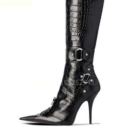 2025 New Stiletto High Heels Crocodile Pattern Boots Fashion B Button Motorcycle Pointed Toe Boots Womens Black Knee-High Boots