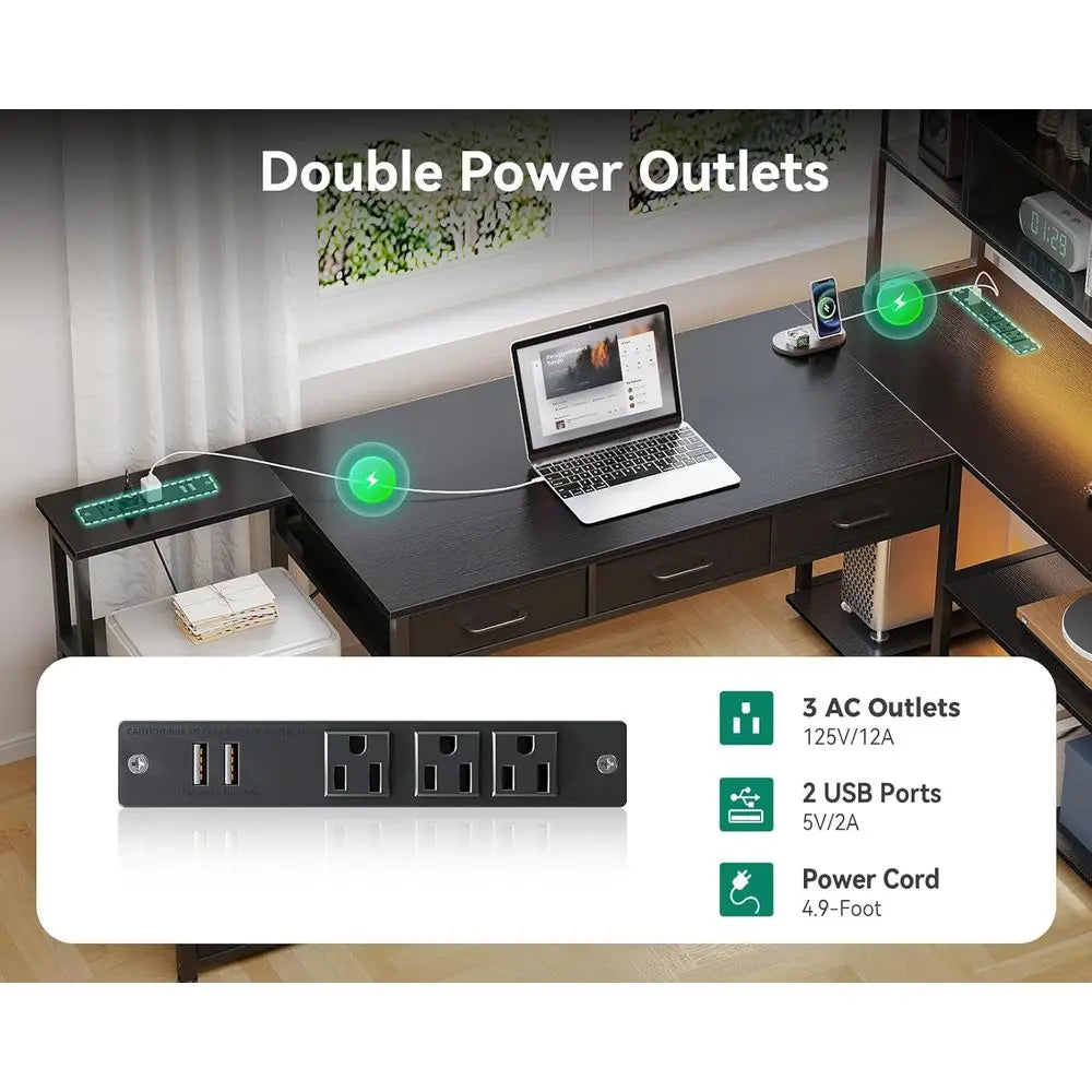 71 L-Shaped Desk with 5 Drawers, LED-lit, Reversible Gaming Desk, 2 Outlets, Black Home Office Desk with Storage，Customized