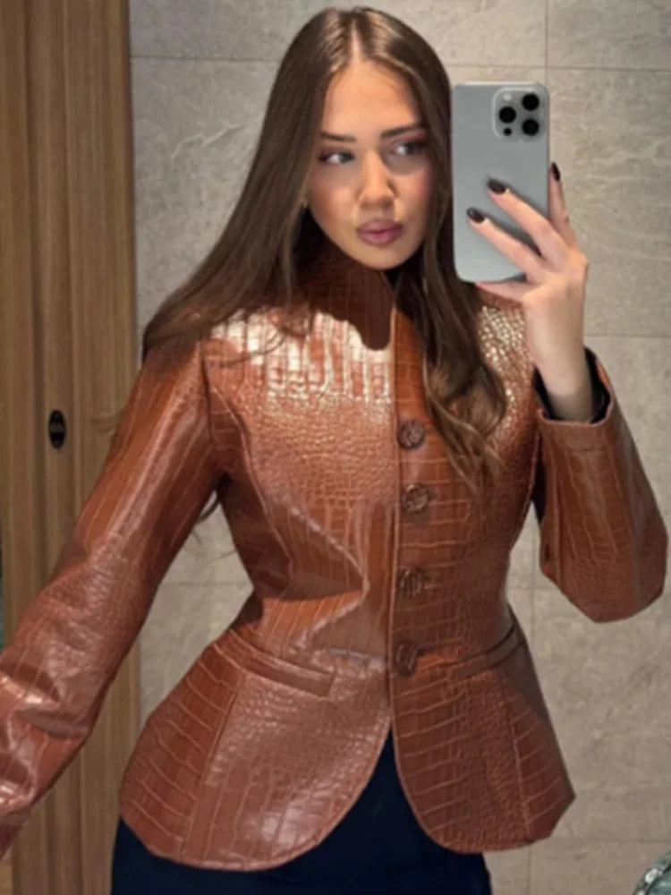 Fashion Crocodile Embossed Faux Leather Women's Jacket Stand Collar Short Slim Long Sleeve Coat Chic 2026 Autumn New...