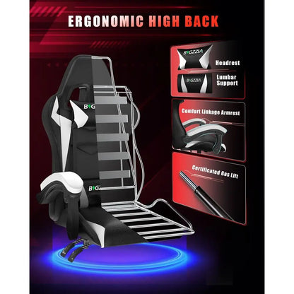 Ergonomic High-Back Gaming Chair with RGB Lighting, Reclining Seat for Adults and Kids, Lumbar and Headrest Support (Black/White