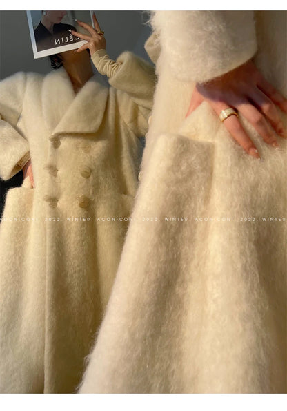 Lautaro Winter Long Vintage White Thick Warm Fluffy Wool Blends Coat Women Double Breasted Elegant Luxury Designer...