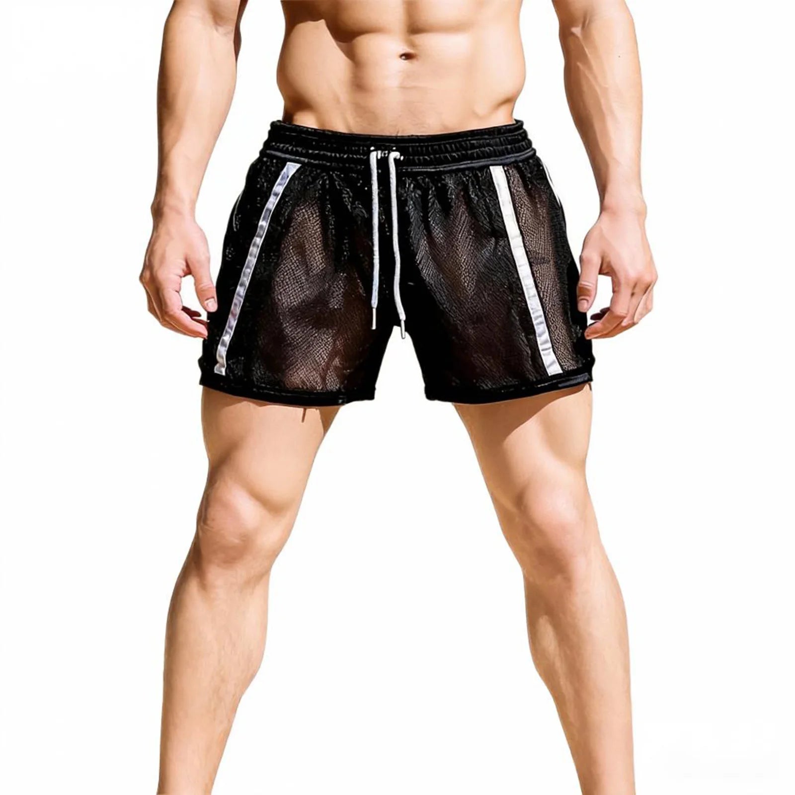 Men’s Workout Shorts Summer Drawstring Elastic Waist See-Through Running Shorts Sportswear - Kimlud