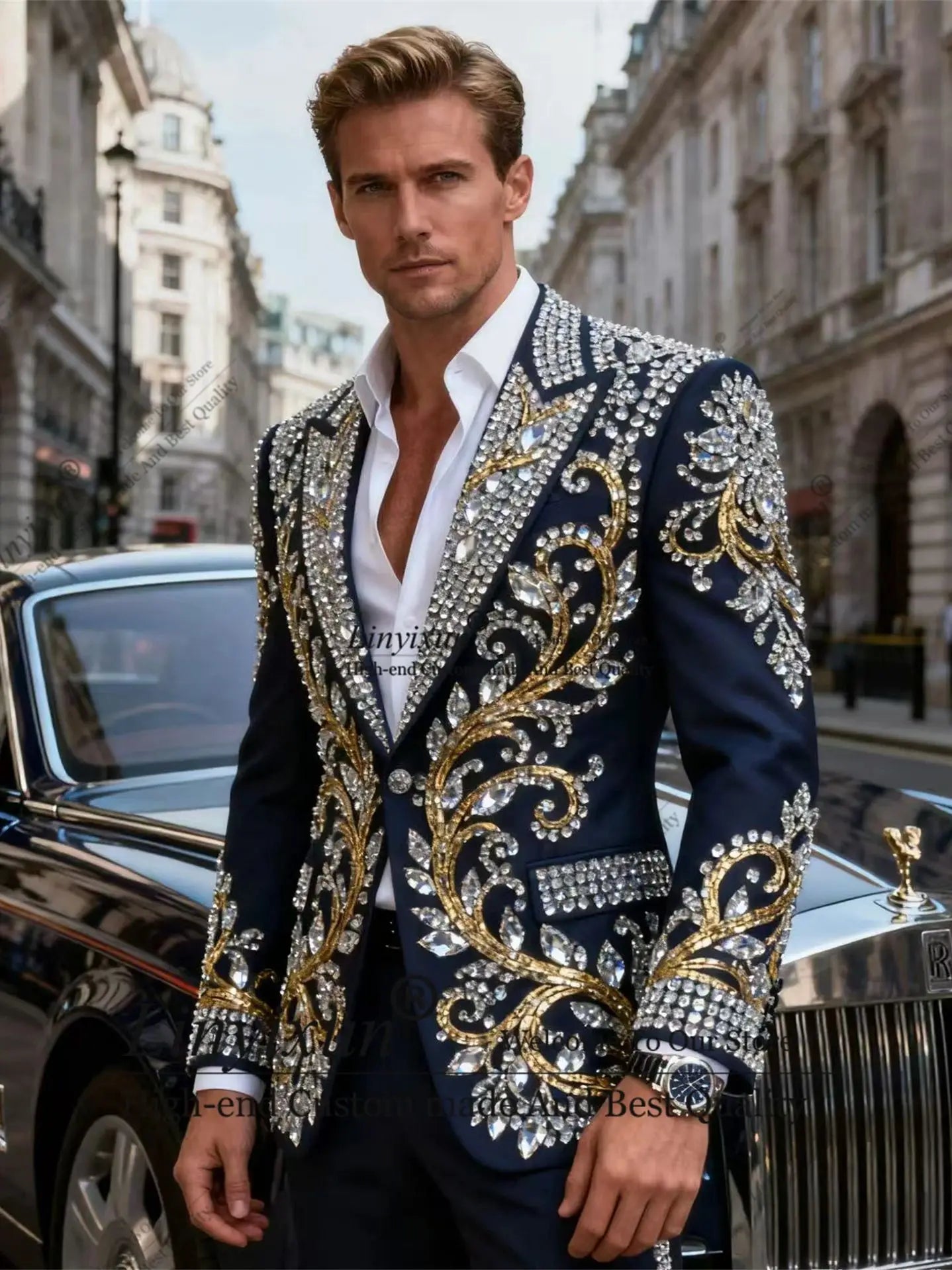 High-end Rhinestone Men Suits Customized Fashion Groom Tuxedo 2 Pieces Sets Male Prom Blazers Slim Fit Wedding Ropa hombre - Kimlud
