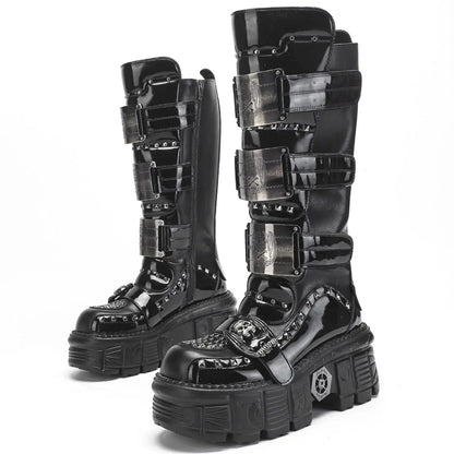 2025 WoMen's Thick-soled Premium Metal Dark Long Lightweight Rock Punk Mid-height Platform Chelsea Boots