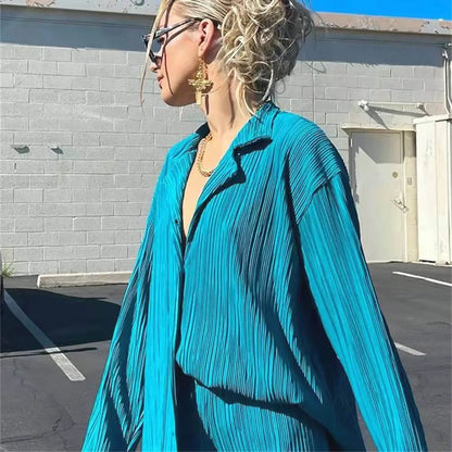 2023 Spring Summer Best Seller Solid Color Draped Loose Fit Smooth Pleated Women's Casual 2-Piece Set Stock Available