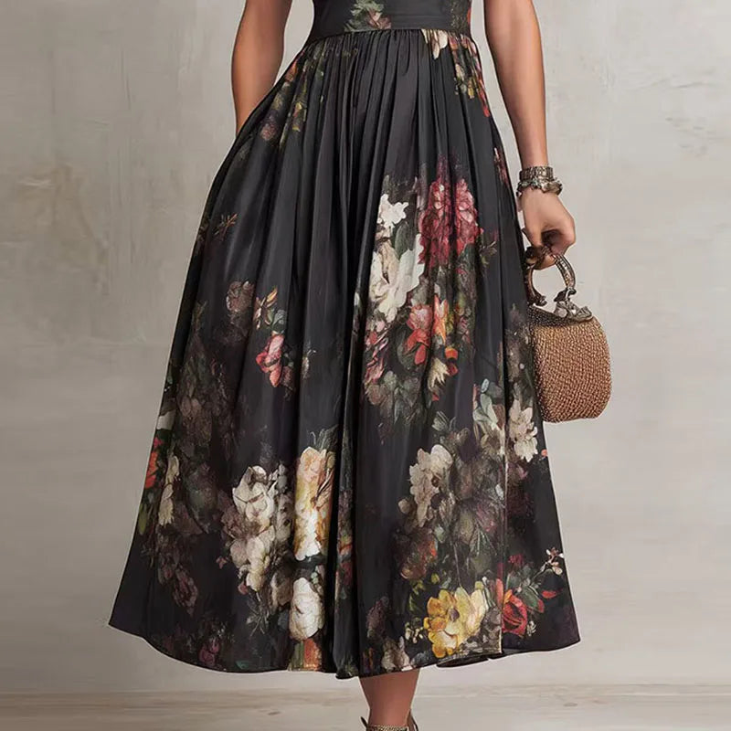 Summer Hot Sleeveless Hollow Evening Dress Woman Mandarin Collar High Waist Pleated Dress Spring Floral Print Satin Long Dresses - Kimlud