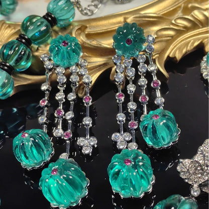 Vintage Blue Glass Pumpkin Bead Tassel Earrings for Women Party Jewelry