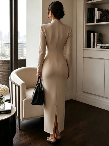 2026 Women's Fashion Evening Party Elegant Long Dress Solid V-Neck Long Sleeve Sheath Bodycon Maxi Dresses White Black Clothing