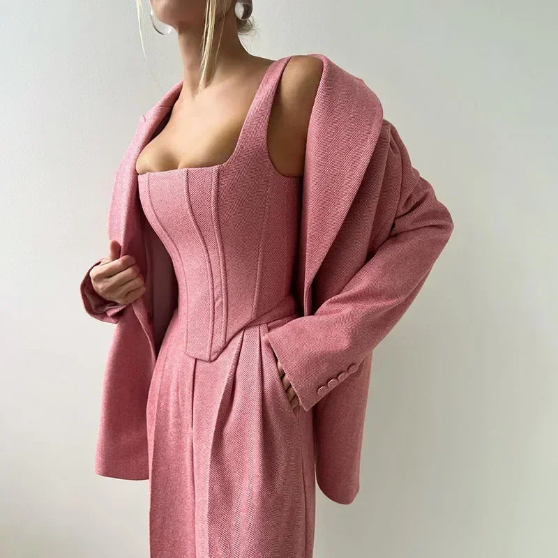 Temperament Fishbone Top Blazer Pants Sets 3 Pieces For Women Solid Jacket Crop Tops High Waist Pocket Pant Lady Office Set 2025