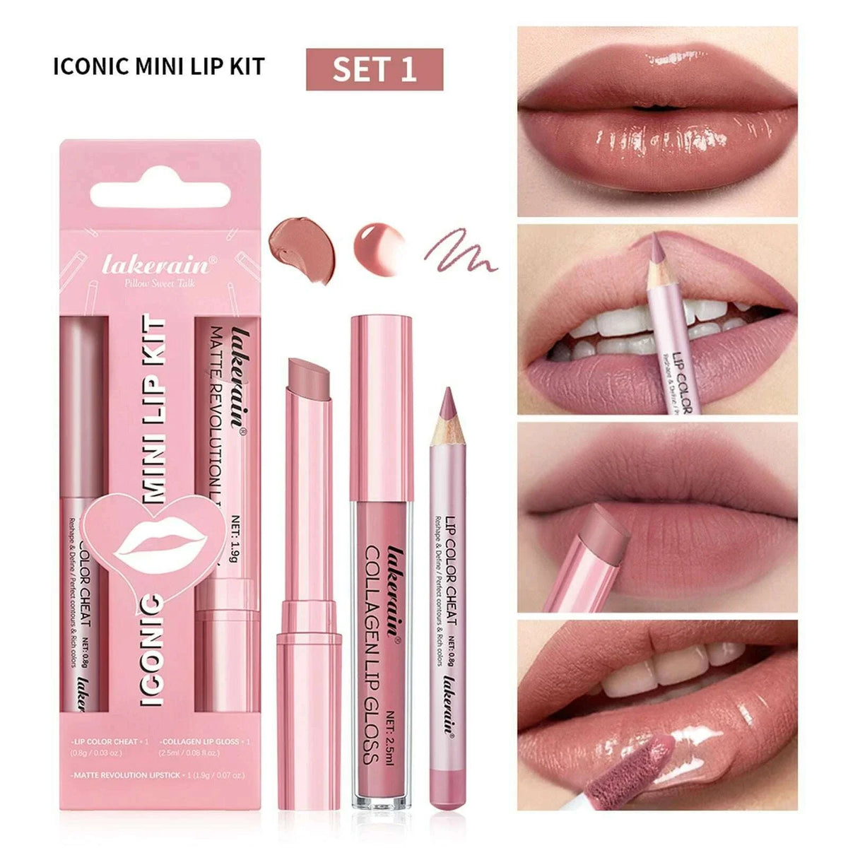 3pcs Lip Makeup Set Lip Liner Lip Gloss Lipstick Mirror Effect Beep Lips High Color Long-lasting Hydrates Travel Mini Set