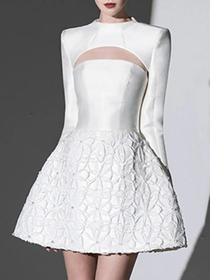Eshin 2024 Spring New Women's 2 Pcs Set O Neck Long Sleeve Crop Top Strapless High Waist Mini Elegant Flower Dress Suit...