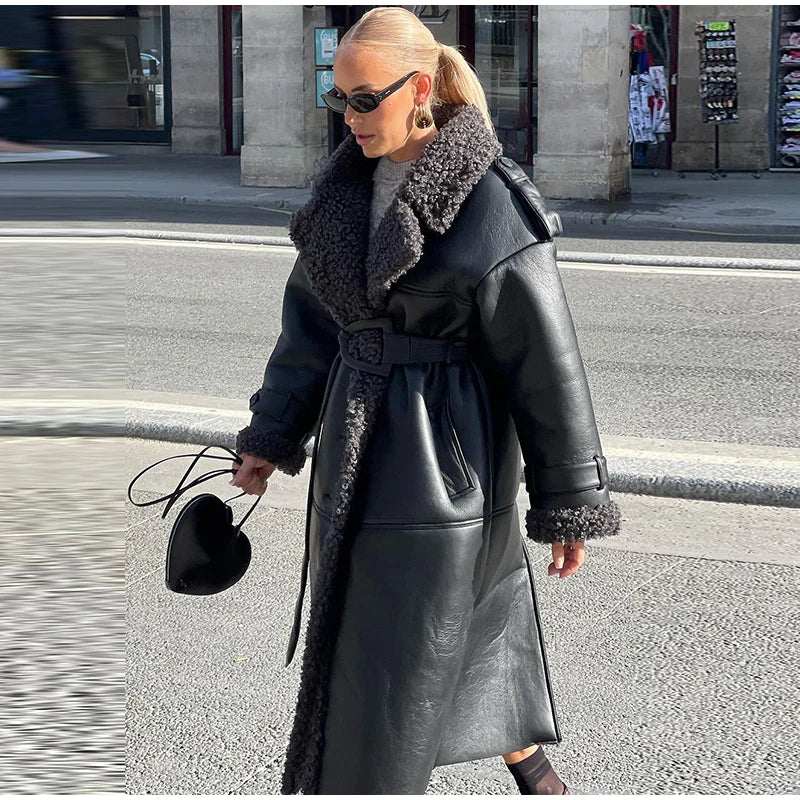 Vintage Patchwork Fur Leather Coats Women Lapel Lace Up Long Sleeve Thicken Warm Jacket 2025 Winter Lady New Streetwear Overcoat