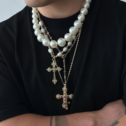 Ingemark 3 Styles Creative Big Imitation Pearl Beads Chain Necklace for Men Hip Hop Jesus Cross Pendant Choker Male Jewelry Gift