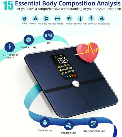 Smart Digital Bathroom Scale with Body Composition Analysis, Heart Rate Monitoring & App Sync - 400lb Capacity - Kimlud
