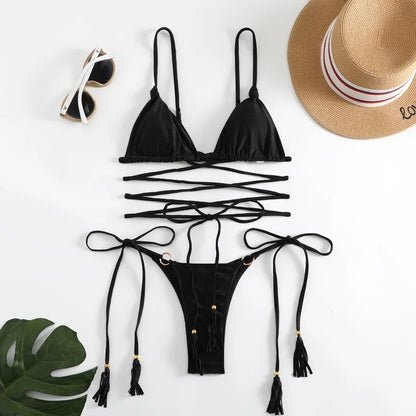 2024 Luxury Bikini Set Women Sexy Swimsuit High Cut Bandage Bikini Set Bathing Suit With Tassels Summer Brazilian Biquini