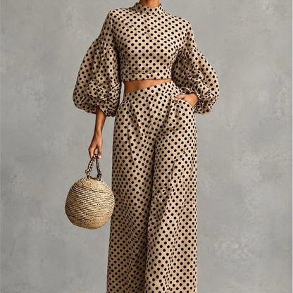 Loose Polka-dot Trousers Suit Autumn Winter Elegant Street Style Lantern Sleeve Long-sleeved Top Wide-leg Trousers Two-piece Set