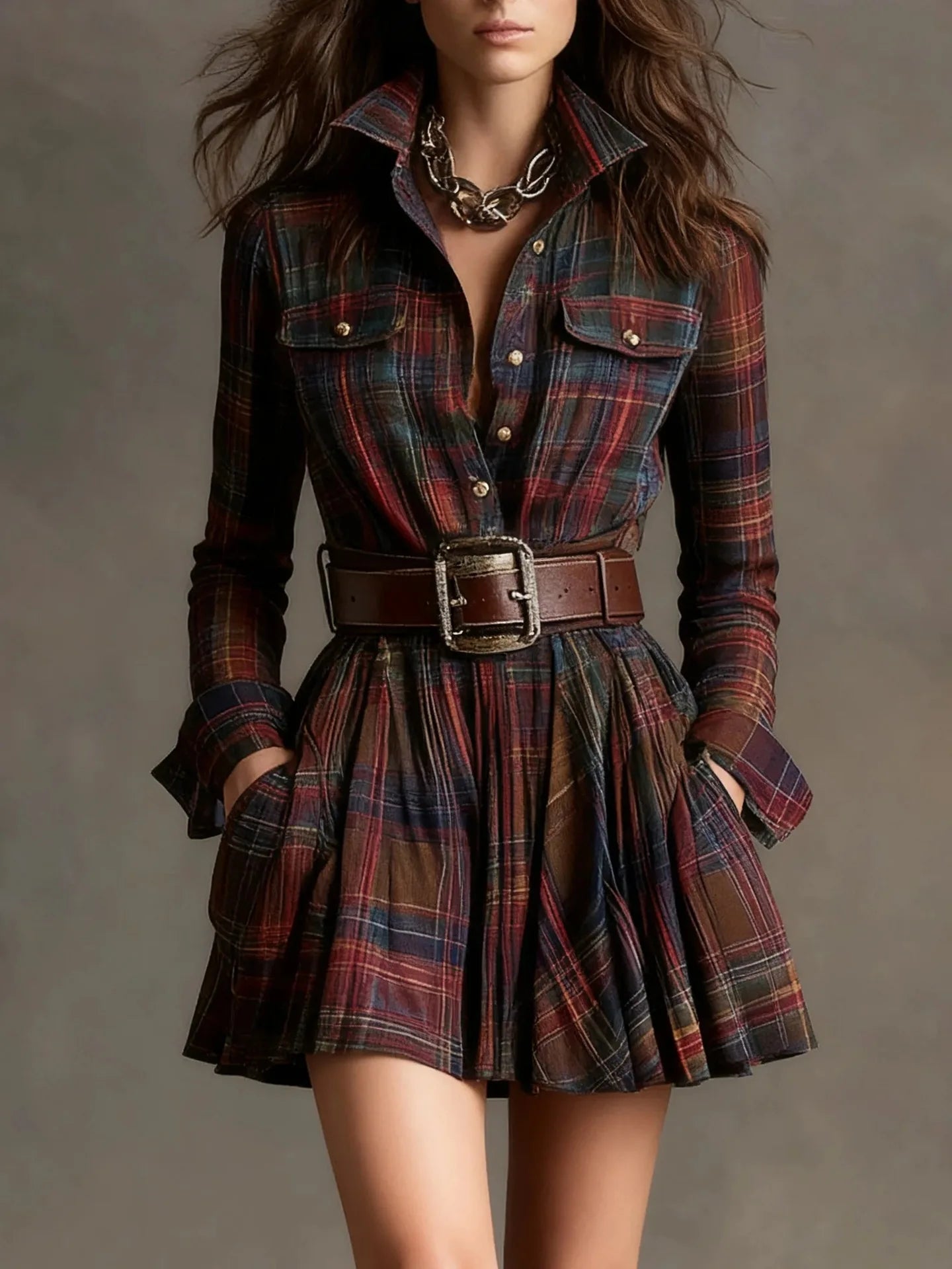 Spring Autumn New Style Temperament Commuting Women's Dress Fashionable Plaid Print Lapel Long Sleeve Belt Waist A-Line Dress