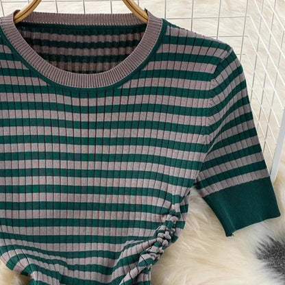 Women's Green Striped Crew Neck Short Sleeve Self-Tie Sundress Stretchy Knit Bodycon Maxi Dress Casual Summer Daily...