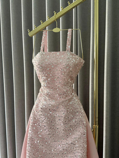 Ofherown Spaghetti Strap Pink Sequins Beaded Evening Dress Satin Train Long Prom Gown Wedding Party Formal Dress