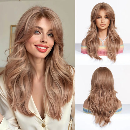 Golden Blonde Mixed Synthetic Wig Dark Root Wavy Hair With Side Bangs for Women Daily Party Cosplay wig Heat Resistant Fiber