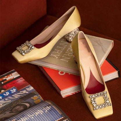 New Rhinestone High Heels Women Slip-On Pumps Women Square Toe Party Crystal Dress Shoes Femmes Chaussures Zapatos De Mujer - Kimlud