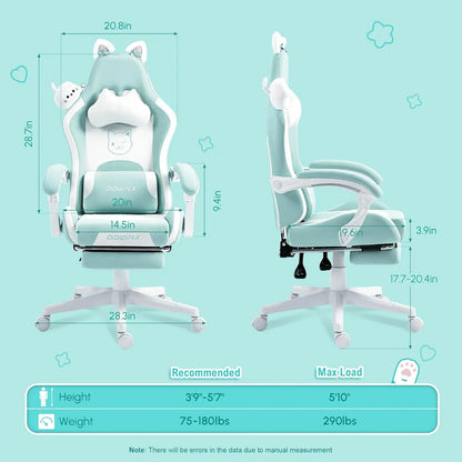 Cute Cat Ear Gaming Chair with Massage Lumbar Support, Ergonomic Reclining Computer Chair for Girls and Adults, Blue...