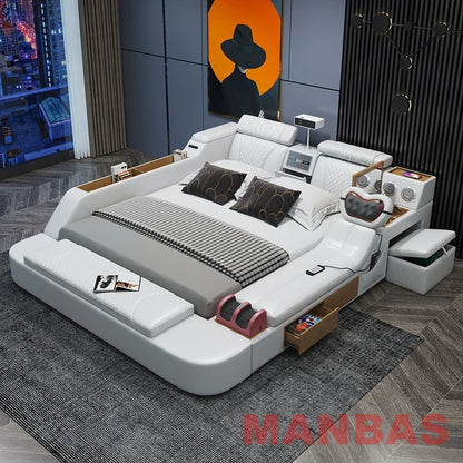 Modern Tech Smart Bed, King/Queen Size Genuine Leather Bed with Projector,USB, Speaker, Luxury Multifunction Bed, All In...