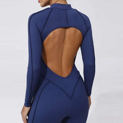 Padded Women Long Sleeve Sport Yoga Jumpsuit Workout Clothes for Women Sportwear Backless Zipper Fitness Gym Outfit