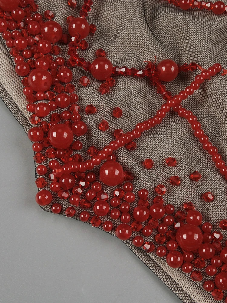VC Glamorous Fashion Strapless Red Beaded Mesh Through Mini Sexy Dress with Corset for Club and Evening Party