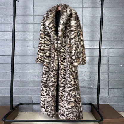 DEAT 2025 Winter Thick Leopard Print Faux Fox Fur Coat For Women Contrast Color High Quality Suit Collar Overcoat 11A06743