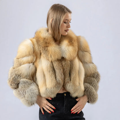 Women Genuine Natural Golden Island Fox Fur Coat with fox fur collar For Winter Fashion Short Jacket