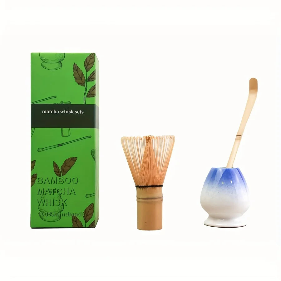 3pcs/set Matcha Set Bamboo Whisk Tea spoon Ceramic fittings Matcha Whisk (Chasen) Tea Spoon And Scoop (Chashaku) Tea-making Tool