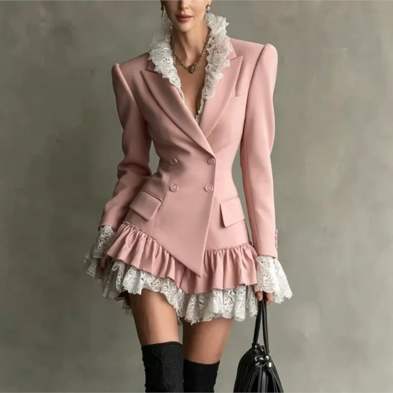 Autumn Lapel Double‑Breasted Lace Ruffle Mini Dresses Women Fashion Long Sleeve Short Dress Elegant Ladies Party...