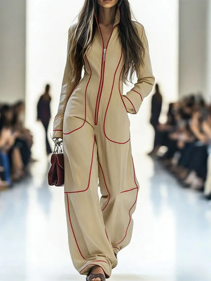 Women Stand Collar Zip Up Jumpsuit Long Sleeve Contrast Stitching Wide Leg With Pockets Casual Streetwear Party Holiday Outfits