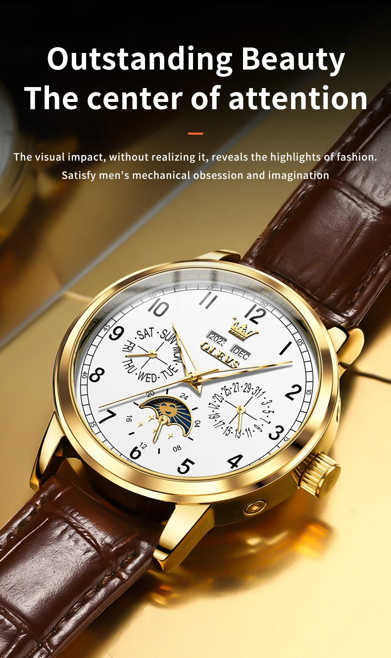 OLEVS 6698 Mens Watch Luxury Dress Brand Moon Phase Automatic Mechanical Watch For Men Leather Waterproof Dual Calendar...