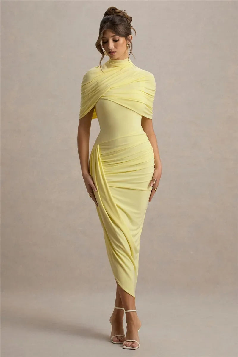 Half Sleeve Backless Ruched Sexy Maxi Dress Women Summer New Turtleneck Slim High Waist Evening Club Party Long Dress