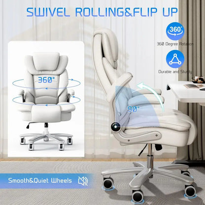 Ergonomic Leather Executive Chair with Wide Seat for 400lb Capacity, High Back and Flip-Up Arms, White | Kimlud Luxury Home