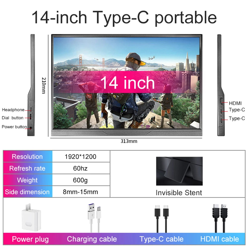 14inch Portable Monitor Touch Ultra-thin 1200P IPS USB-C HDMI External Second Screen for Laptop PC Cell Phone Switch PS4/5 Xbox - Kimlud