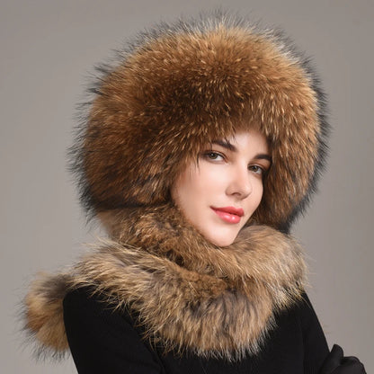 Real Fox Fur Hat with Rabbit Fur Top Girls Winter Hats with Long Tail Pompoms Russian Trapper Hats Bombers Cap Bonnets...