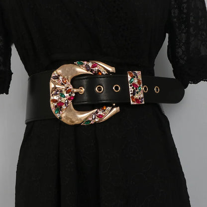 Luxury Retro Color Rhinestone Zircon Metal Belt Niche Design Elegant Fashion Leather Wide Belt Women Down Coat Skirt...