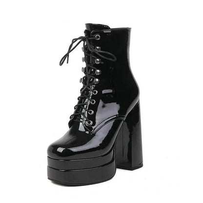 2022 Winter Women Ankle Boots Platform Square High Heel Ladies Ankle Boots Patent PU Leather Cross Tied Women's Shoes Big Size