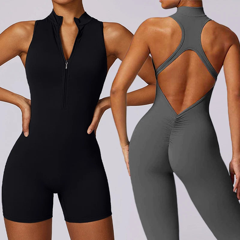 Scrunch Gym Jumpsuit Women's Fitness Suit Short Sets Sports Overalls for Woman Tracksuit Yoga Clothing Zipper Workout...
