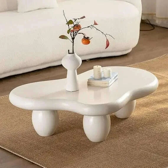 Oval Coffee Table for Living Room Modern Irregular Coffee Table Asymmetrical Unique Center Table (G White 45.7in)
