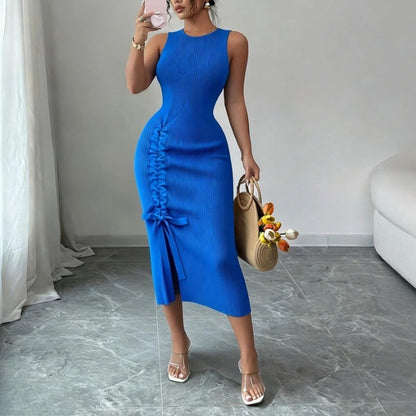 Women's Blue Sleeveless Crew Neck Ruched Side Sundress Stretchy Ribbed Knit Bodycon Midi Dress Slit Summer Daily Party Dress - Kimlud