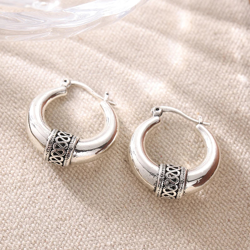 Vintage Hand Carved Pattern Hoops Women's Earrings Ethnic Silvery Color Metal Geometry Daily Wear Party Jewelry | Kimlud...