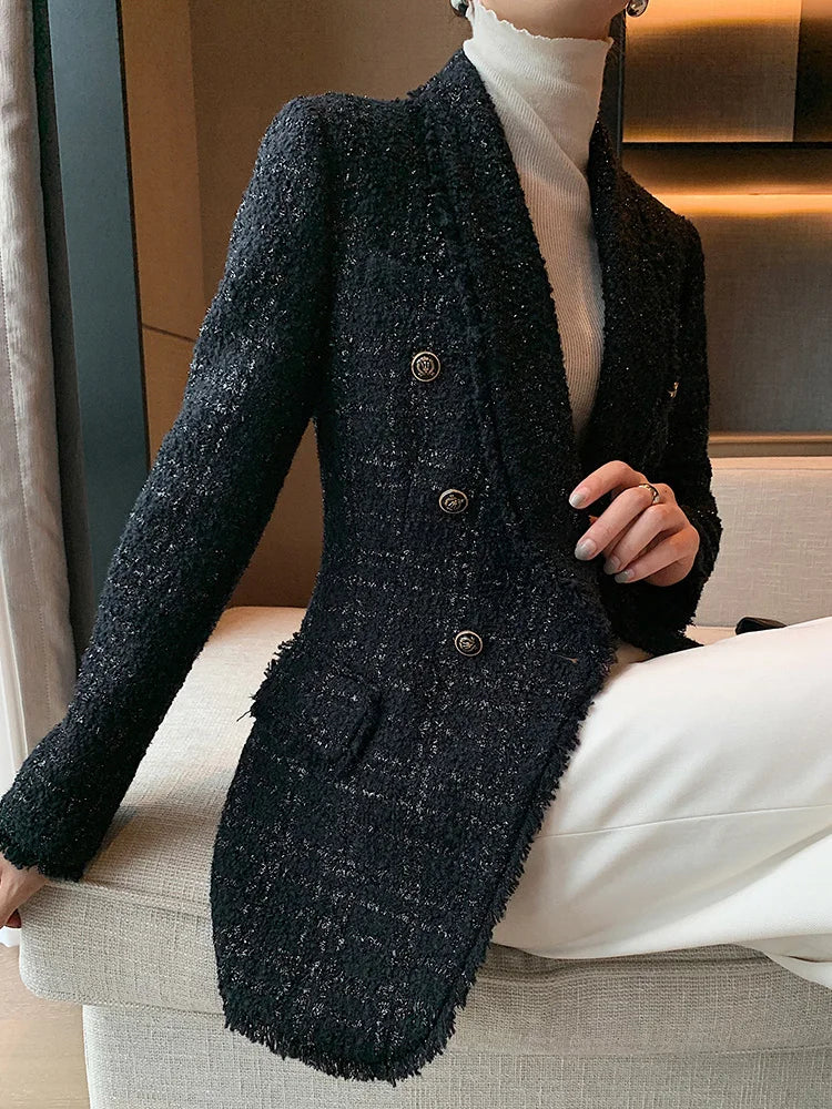 2021 autumn new style small fragrant black temperament wool small suit jacket women's self-cultivation suit blouse