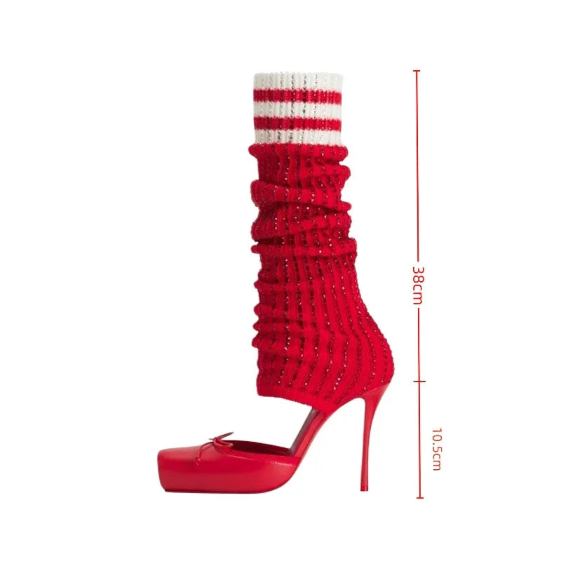 European AndAmerican Trendy High-heeled Square Toe Ballet Shoes for Women,sexy Rhinestone Bow Bag and Long Tube Socks,cool Boots - Kimlud