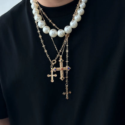 IngeSight.Z Exquisite Vintage Juses Cross Pendant Men Necklace Trend Classic Imitation Pearl Choker Women Punk Party Jewelry